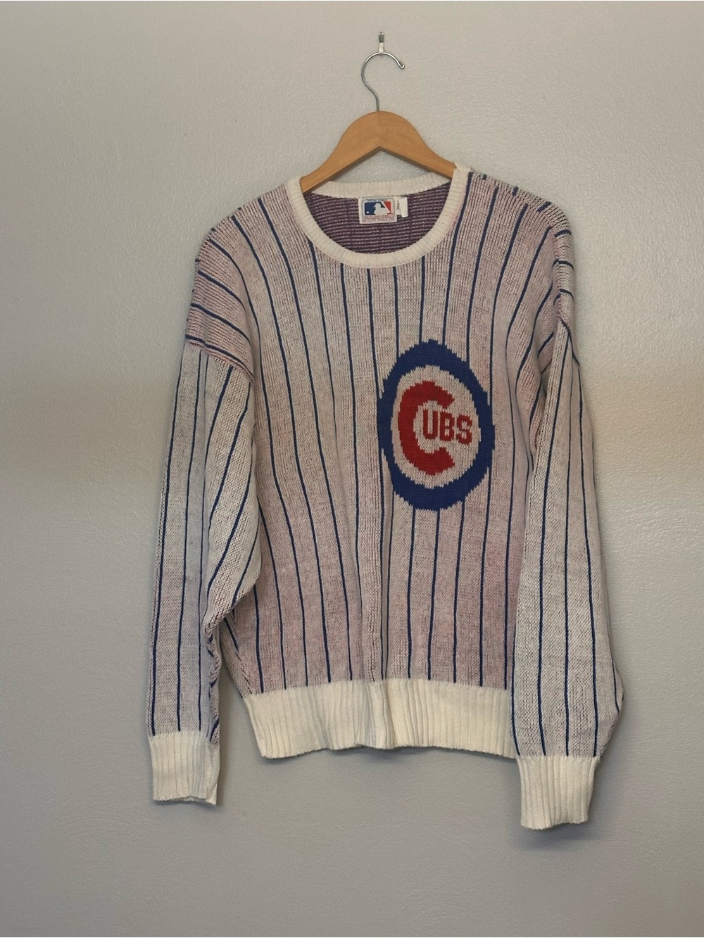 MLB Chicago Cubs Pinstripe Crewneck Sweater - White, Blue, Red
